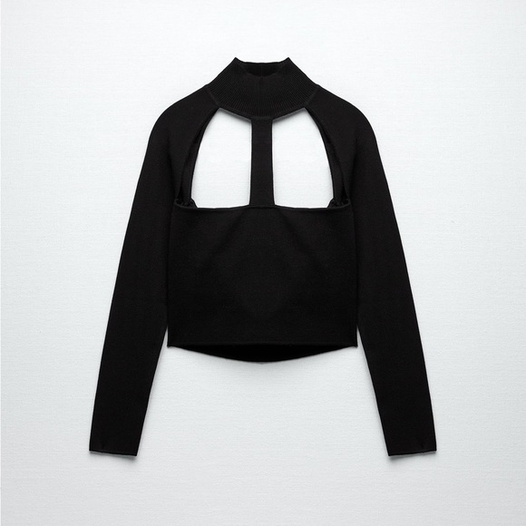 NWT. Zara Black Cutout Turtleneck Cropped Sweater. Size M. - Picture 4 of 8